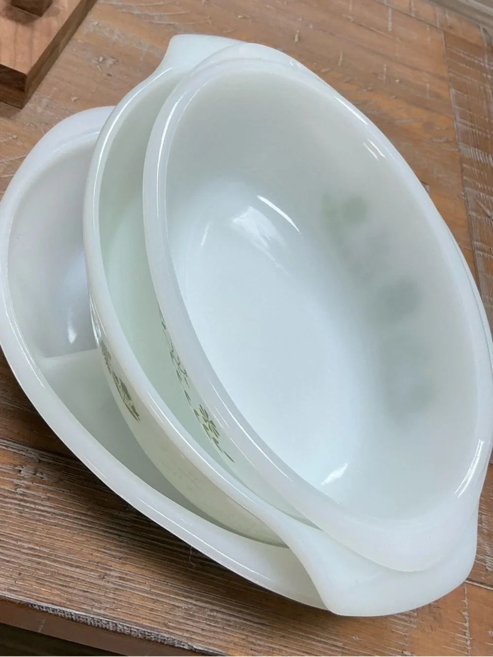 Vintage Green Daisy Casserole Floral Pattern White Milk Glass Serving Bowls Set3